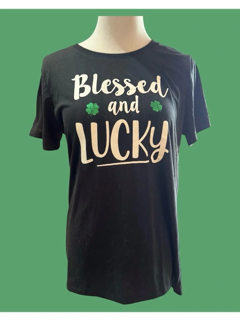 Blessed and Lucky Black and Green Shamrock T‑Shirt Size Med